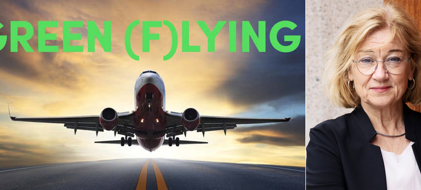 Flygplan tillsammans med texten "Green (f)lying" och bild på Johanna Hållén
