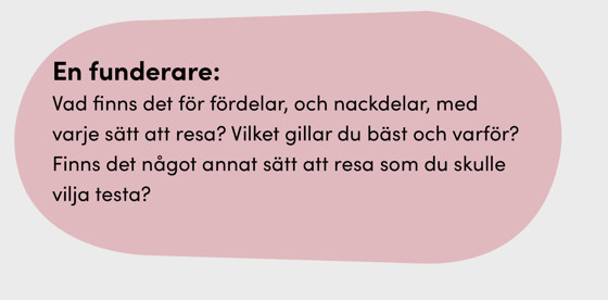 Färgplatta med texten: En funderare:  Vad finns det för fördelar, och nackdelar, med  varje sätt att resa? Vilket gillar du bäst och varför? Finns det något annat sätt att resa som du skulle vilja testa?