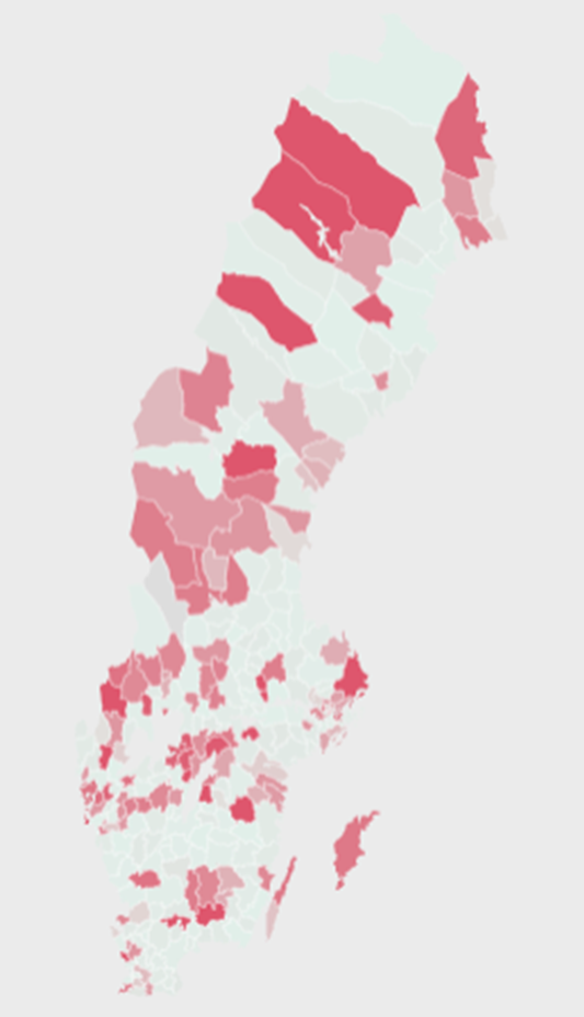 Karta över Sveriges alla kommuner i en färgskala från rött till till turkos där färgen avgörs av kommunens poäng i Årets Konsumentkommun