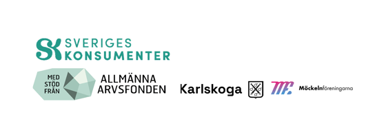 Logotyper för organisationerna som är med och arrangerar och finansierar:  Sveriges Konsumenter, Allmänna arvsfonden, Karlskoga kommun och Möckelnföreningarna