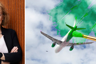 Collage med porträtt av Johanna Hållén och flygplan som blir grönmålat.