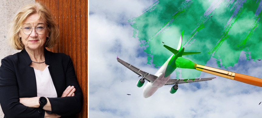 Collage med porträtt av Johanna Hållén och flygplan som blir grönmålat.