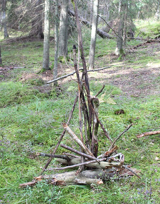 skulptur av träpinnar i skogen
