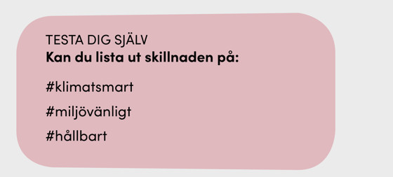 Rosa färgruta med texten: testa dig själv! Kan du lista ut skillnaden på:  #klimatsmart  #miljövänligt  #hållbart