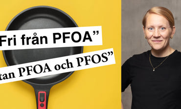 Collage med bild på stekpanna, citat från marknadsföring och en porträttbild av Maria Hammarling.