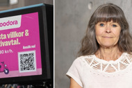Bild av annonsen på Foodoras transportboxar samt porträttbild av Maria Wiezell.