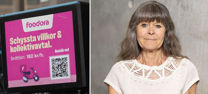 Bild av annonsen på Foodoras transportboxar samt porträttbild av Maria Wiezell.