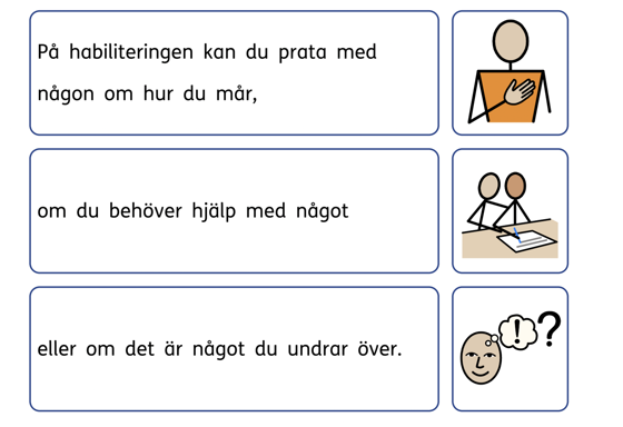 Textrutor som beskriver vad du kan få hjälp med på habiliteringen. kompletteras med illustrationer på figurer som känner på hjärtat, samtalar och tänker.