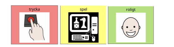 tre bilder med Illustrationer på 1) ordet tryck, och bild på finger som trycker på knapp. 2) ordet spel och symboler för dator, tangentbord och mus. 3) ordet roligt och bild på leende barn.
