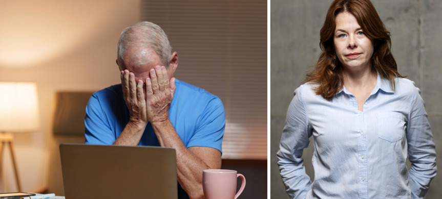 Collagebild av förtvivlad konsument och konsumentvägledaren Christine Fransholm