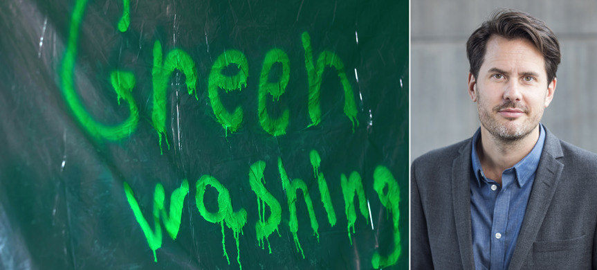 Dekorbild med texten Green washing samt porträttbild av Jakob König